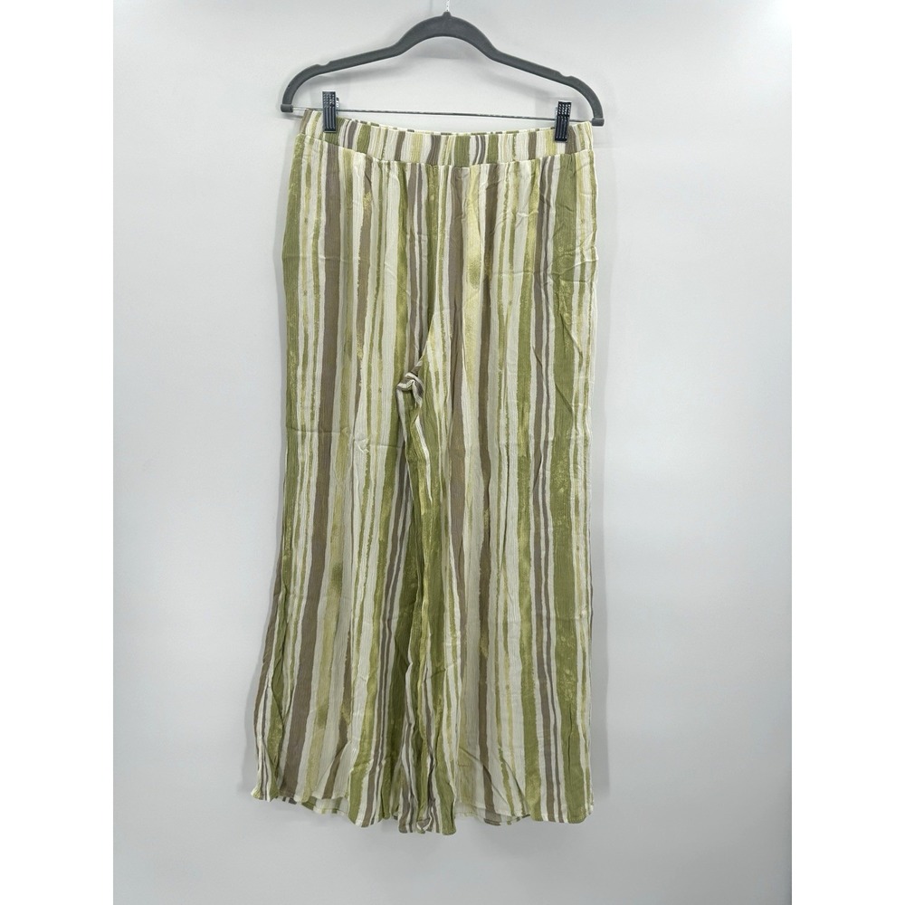 Rae Mode Green Boho Wide Leg Striped Pant Pull On Medium Pockets Elastic Waist